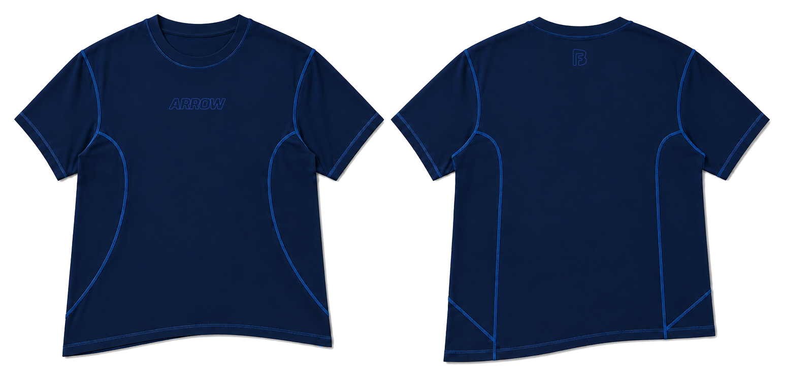 BIOFABRIC asymmetric OFFSET T-shirt in Imperial Blue and Cerulean Blue, front and back views with the background removed