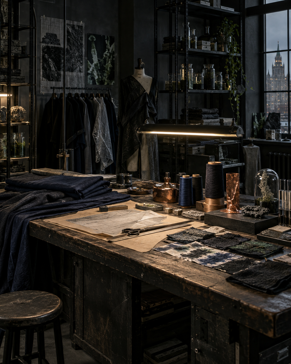 Concept visualization of a BIOFABRIC studio with a materials workbench