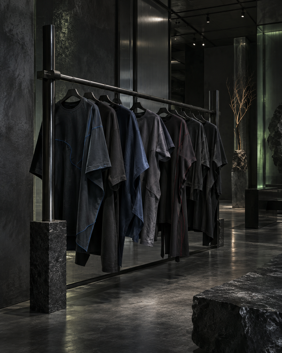 Concept visualization of a BIOFABRIC retail space with a garment rail